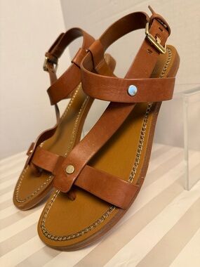 Vince Camuto Cognac Leather T Strap Sandals Brown Ankle Size 8.5 EUC